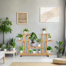 Load image into Gallery viewer, 4-Tier Wood Casters Rolling Shelf Plant Stand-Natural