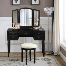 Load image into Gallery viewer, Tri-Fold Mirror Table Stool Wooden Vanity Make Up Dressing Set-Black