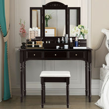 Load image into Gallery viewer, Makeup Dressing Table with Tri-Folding Mirror and Cushioned Stool for Women