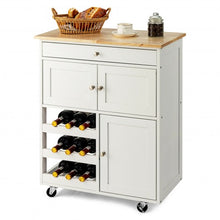 Load image into Gallery viewer, Kitchen Cart with Rubber Wood Top 3 Tier Wine Racks 2 Cabinets-White