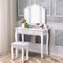 Load image into Gallery viewer, Tri Folding Mirror Vanity Table Stool Set w/ 4 Drawers and Cushioned Stool-White