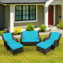 Load image into Gallery viewer, 5 Pieces Patio Rattan Sofa Set with Cushion and Ottoman-Turquoise