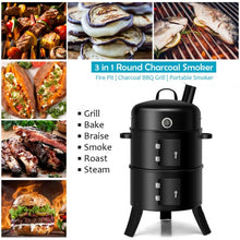 Load image into Gallery viewer, 3-in-1 Portable Round Charcoal Smoker BBQ Grill Built-in Thermometer