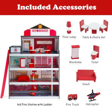 Load image into Gallery viewer, Wooden Fire Station Dollhouse Playset with Truck and Helicopter
