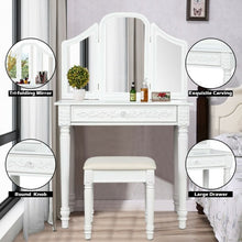 Load image into Gallery viewer, Vanity Dressing Makeup Table Set with Tri-Folding Mirror and Stool-White