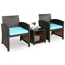 Load image into Gallery viewer, 3 Pieces PE Rattan Wicker Furniture Set with Cushion Sofa Coffee Table for Garden-Turquoise