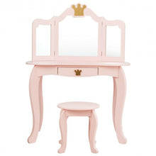 Load image into Gallery viewer, Kids Makeup Dressing Table with Tri-folding Mirror and Stool-Pink