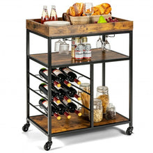 Load image into Gallery viewer, 3-Tier Wood Rolling Kitchen Serving Cart with 9 Wine Bottles Rack Metal Frame-Rustic Brown