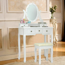 Load image into Gallery viewer, 5 Drawers Vanity Table Stool Set with 12-LED Bulbs-White