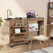 Load image into Gallery viewer, Folding Sewing Craft Table Shelf Storage Cabinet Home Furniture-Brown