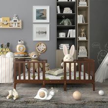Load image into Gallery viewer, 2-in-1 Convertible Kids Wooden Bedroom Furniture with Guardrails-Brown