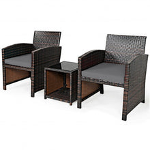 Load image into Gallery viewer, 3 Pieces PE Rattan Wicker Furniture Set with Cushion Sofa Coffee Table for Garden-Gray