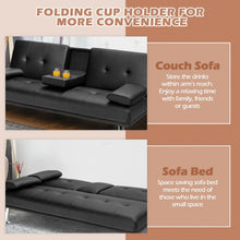 Load image into Gallery viewer, Convertible Folding Leather Futon Sofa with Cup Holders and Armrests-Black