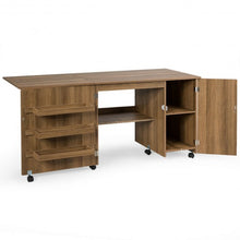 Load image into Gallery viewer, Folding Sewing Table Shelves Storage Cabinet Craft Cart with Wheels-Natural