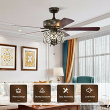 Load image into Gallery viewer, 52" Ceiling Fan with Light Retro Crystal Chandelier Ceiling Fan 5 Reversible Fan