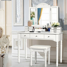 Load image into Gallery viewer, Makeup Dressing Table with Tri-Folding Mirror and Cushioned Stool for Women