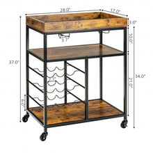 Load image into Gallery viewer, 3-Tier Wood Rolling Kitchen Serving Cart with 9 Wine Bottles Rack Metal Frame-Rustic Brown