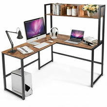 Load image into Gallery viewer, Industrial L-Shaped 55" Corner Computer Gaming Table with Bookshelf-Coffee