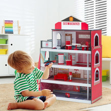 Load image into Gallery viewer, Wooden Fire Station Dollhouse Playset with Truck and Helicopter