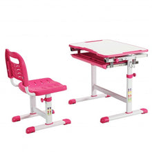Load image into Gallery viewer, Kids Height Adjustable Desk and Chair Set with Tilted Tabletop and Drawer-Pink
