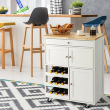 Load image into Gallery viewer, Kitchen Cart with Rubber Wood Top 3 Tier Wine Racks 2 Cabinets-White