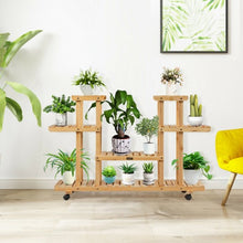 Load image into Gallery viewer, 4-Tier Wood Casters Rolling Shelf Plant Stand-Natural