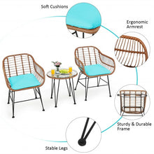 Load image into Gallery viewer, 3 Pcs Patio Rattan Bistro Set with Cushion-Turquoise