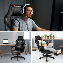 Load image into Gallery viewer, Massage Gaming Chair with Footrest and Lumbar Support-Black