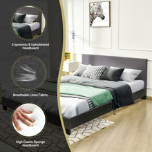 Load image into Gallery viewer, Queen Upholstered Platform Bed Frame with Linen Headboard Wood Slat-Gray