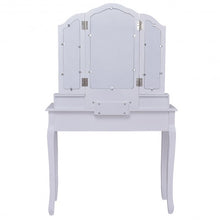 Load image into Gallery viewer, Tri Folding Mirror Vanity Table Stool Set w/ 4 Drawers and Cushioned Stool-White