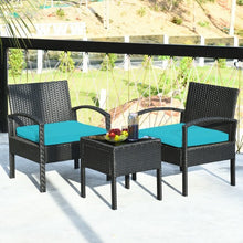 Load image into Gallery viewer, 3 Pieces Outdoor Rattan Patio Conversation Set with Seat Cushions-Turquoise