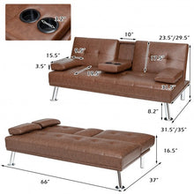 Load image into Gallery viewer, Convertible Folding Leather Futon Sofa with Cup Holders and Armrests-Brown