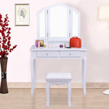 Load image into Gallery viewer, Tri Folding Mirror Vanity Table Stool Set w/ 4 Drawers and Cushioned Stool-White