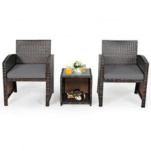 Load image into Gallery viewer, 3 Pieces PE Rattan Wicker Furniture Set with Cushion Sofa Coffee Table for Garden-Gray