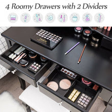 Load image into Gallery viewer, Tri Folding Mirror Vanity Table Stool Set with 4 Drawers-Black