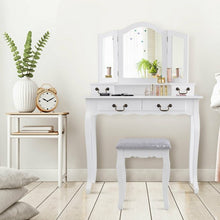 Load image into Gallery viewer, Tri Folding Mirror Makeup Dressing Vanity Set with 4 Drawers-White