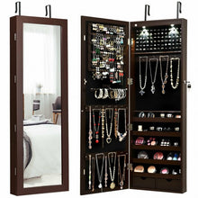 Load image into Gallery viewer, Lockable Wall Mount Mirrored Jewelry Cabinet with LED Lights-Brown