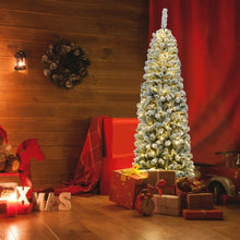 Load image into Gallery viewer, 6 ft Pre-lit Snow Flocked Artificial Pencil Christmas Pine Tree w/250 LED Lights