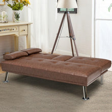 Load image into Gallery viewer, Convertible Folding Leather Futon Sofa with Cup Holders and Armrests-Brown