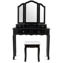 Load image into Gallery viewer, Tri Folding Mirror Vanity Table Stool Set with 4 Drawers-Black
