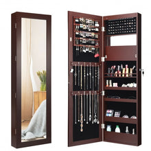Load image into Gallery viewer, Lockable Wall Door Mounted Mirror Jewelry Cabinet w/LED Lights-Brown