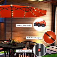 Load image into Gallery viewer, 15 Ft Solar LED Patio Double-sided Umbrella Market Umbrella with Weight Base-Orange