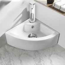 Load image into Gallery viewer, Bathroom Corner Ceramic Vessel Sink with Overflow and Faucet Hole