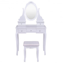 Load image into Gallery viewer, Wooden Vanity Set with 360° Rotating Oval Mirror and Cushioned Stool-White