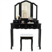 Load image into Gallery viewer, Tri Folding Mirror Vanity Table Stool Set with 4 Drawers-Black