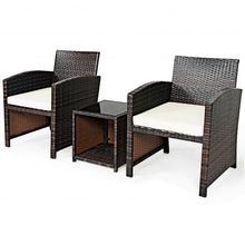 Load image into Gallery viewer, 3 Pieces PE Rattan Wicker Furniture Set with Cushion Sofa Coffee Table for Garden-White