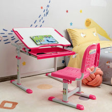 Load image into Gallery viewer, Kids Height Adjustable Desk and Chair Set with Tilted Tabletop and Drawer-Pink