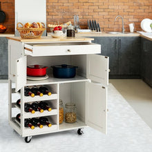 Load image into Gallery viewer, Kitchen Cart with Rubber Wood Top 3 Tier Wine Racks 2 Cabinets-White