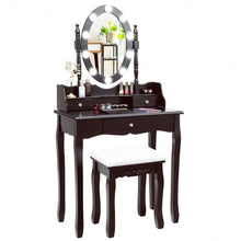 Load image into Gallery viewer, Oval Mirror Vanity Set with 10 LED Dimmable Bulbs and 3 Drawers-Brown