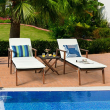 Load image into Gallery viewer, 3Pcs Protable Patio Cushioned Rattan Lounge Chair Set with Folding Table-White